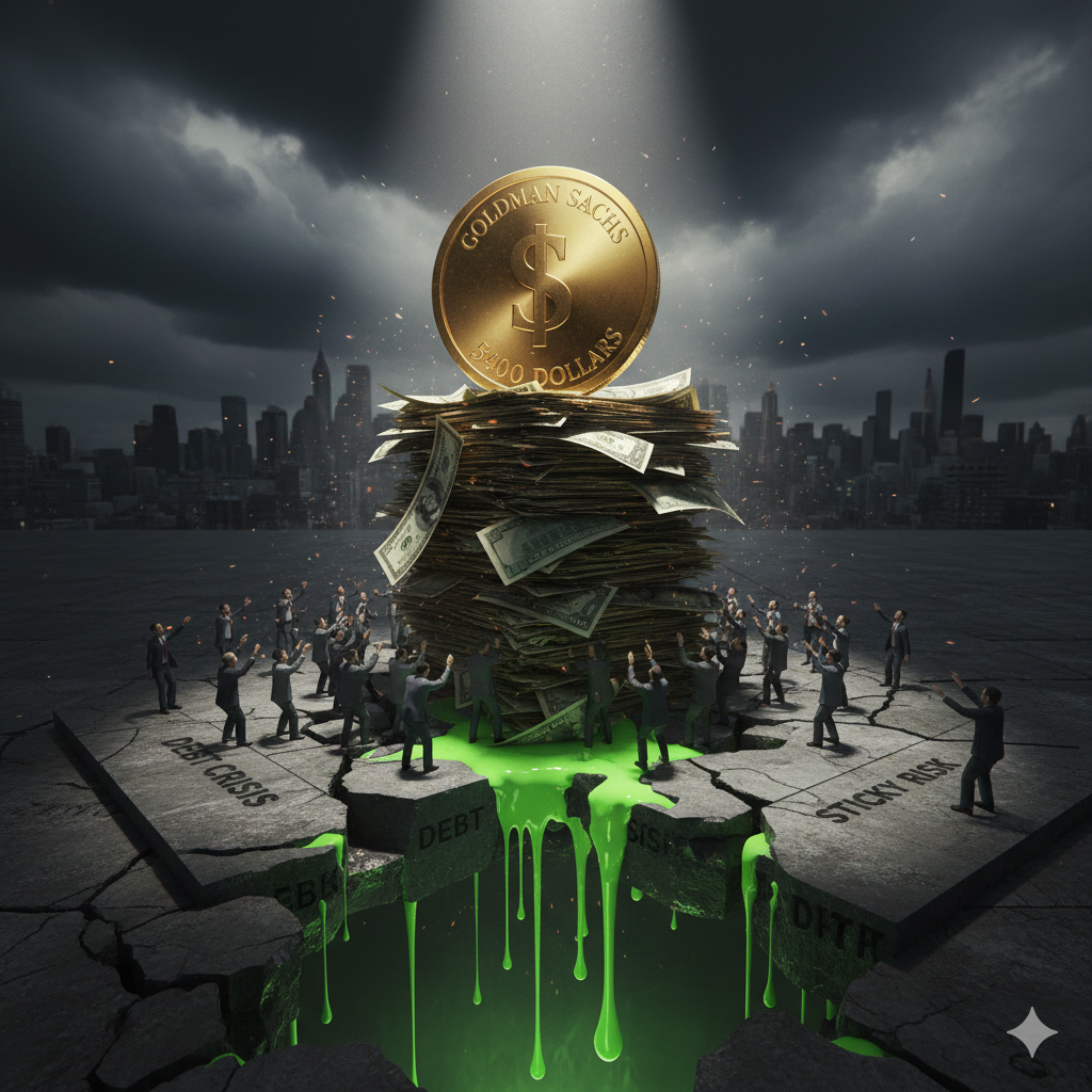 폭풍우가 치는 도시 배경 아래, 수많은 달러 지폐가 쌓인 거대한 탑 위에 놓인 황금 동전. 동전에는 'GOLDMAN SACHS', 달러 기호($), '5400 DOLLARS'가 새겨져 있으며 위에서 강한 조명이 비치고 있습니다. 지면은 'DEBT CRISIS', 'DEBT', 'STICKY RISK'라는 글자와 함께 크게 갈라져 있고, 그 틈으로 형광 녹색 액체가 흘러내리며 정장을 입은 사람들이 이를 향해 손을 뻗고 있습니다.