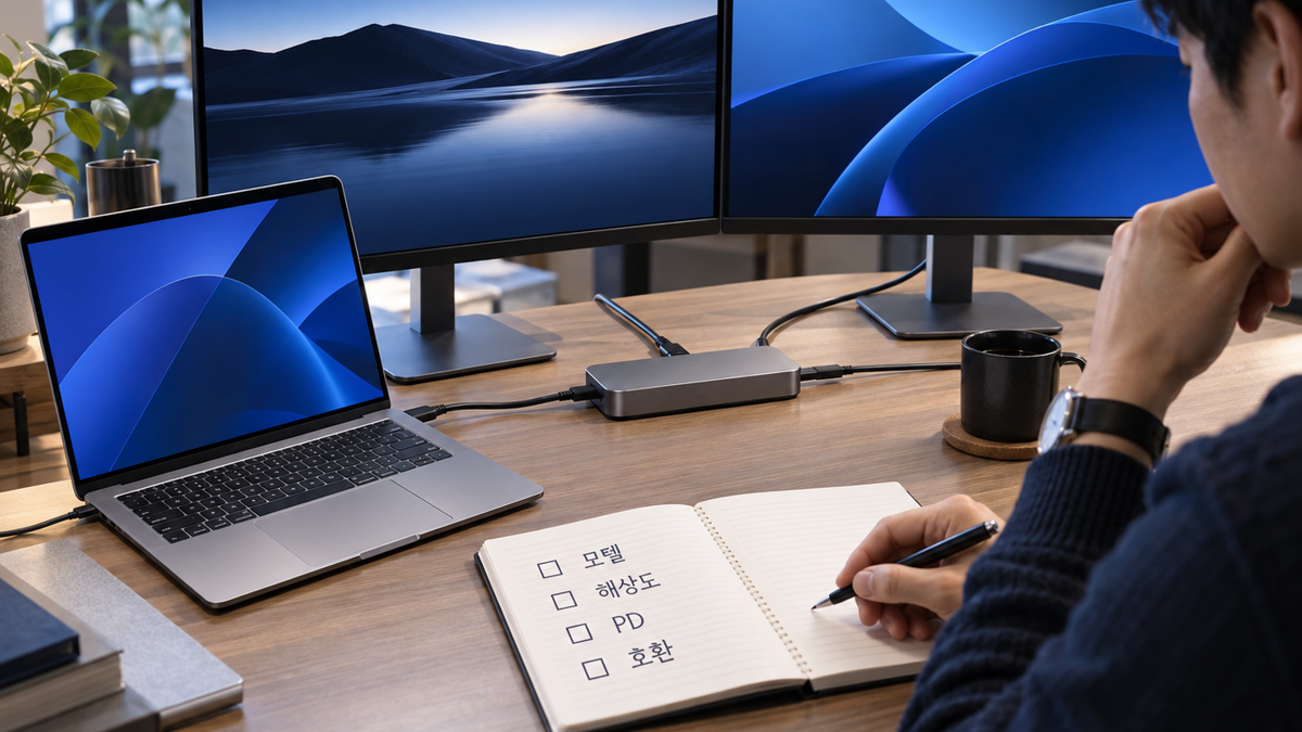 MacBook 듀얼 모니터용 독과 케이블의 모델 해상도 PD 호환 항목을 확인하는 장면