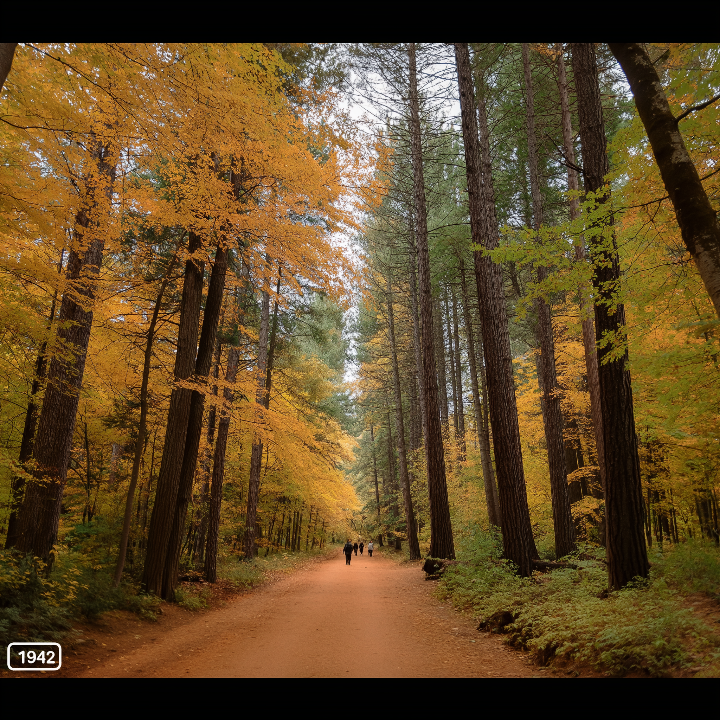 붉고 노란 단풍이 물든 오대산 월정사 전나무 숲길을 걷는 사람들 뒷모습