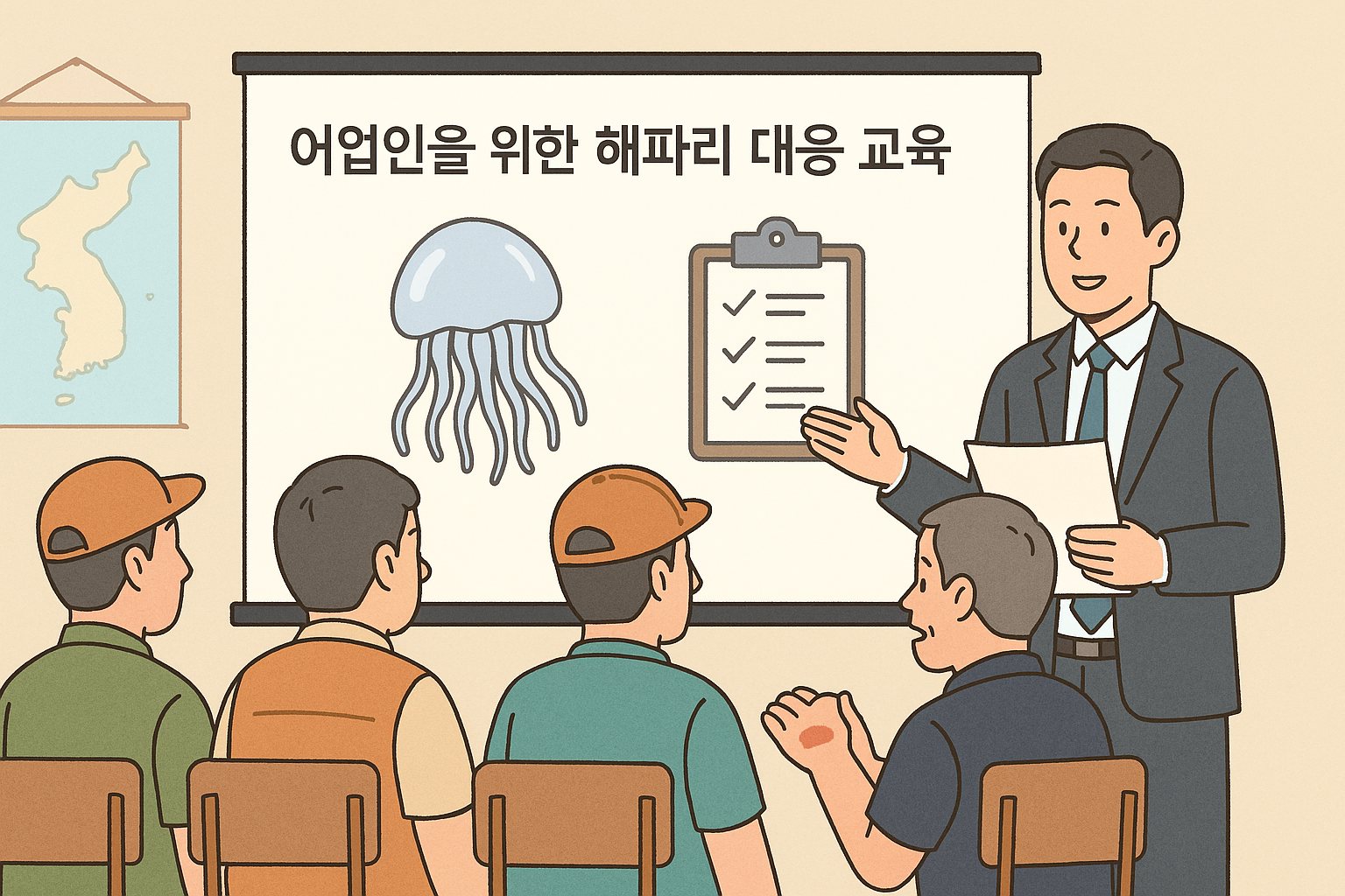 지자체 공무원이 어민을 대상으로 해파리 대응 교육을 진행하는 장면, 프레젠테이션 화면에는 해파리와 체크리스트가 표시됨