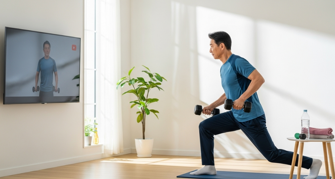 60대 남성이 거실에서 유튜브영상을 따라 덤벨운동으로 근력을 다지는 모습