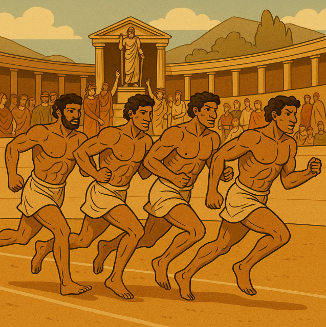 고대 그리스 올림픽 경기에서 달리기를 하는 선수들
