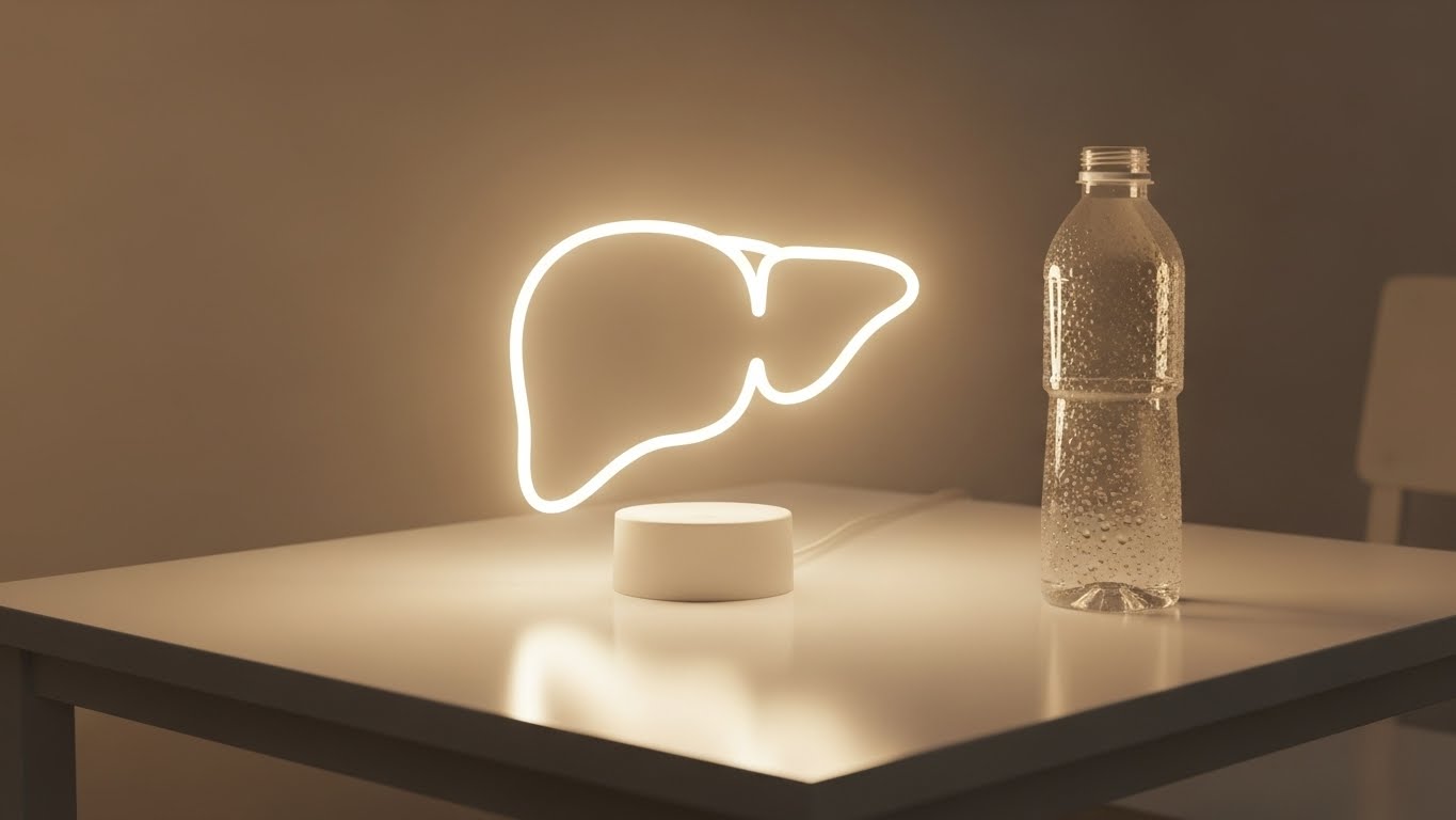 깨끗한-테이블-위에-부드럽고-빛나는-간-모양의-빛-실루엣을-보여주고-있고-물병이-하나-있습니다.