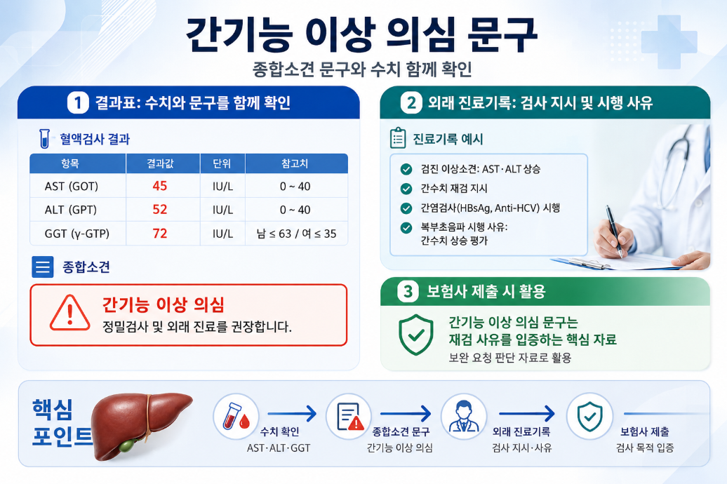 종합소견의 간기능 이상 의심 문구와 AST&middot;ALT&middot;GGT 수치, 외래 진료기록 확인 기준을 정리한 인포그래픽