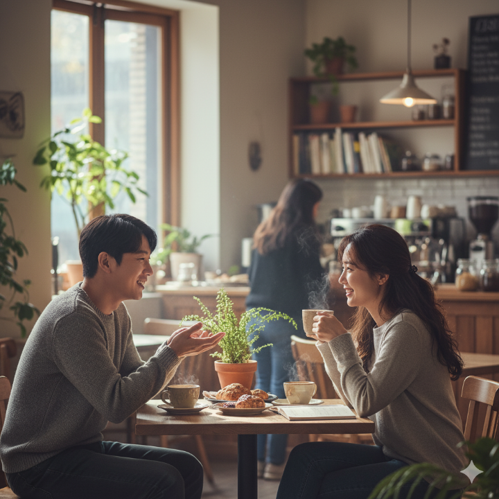 따뜻한 카페에서 마주 앉아 대화하는 두 사람