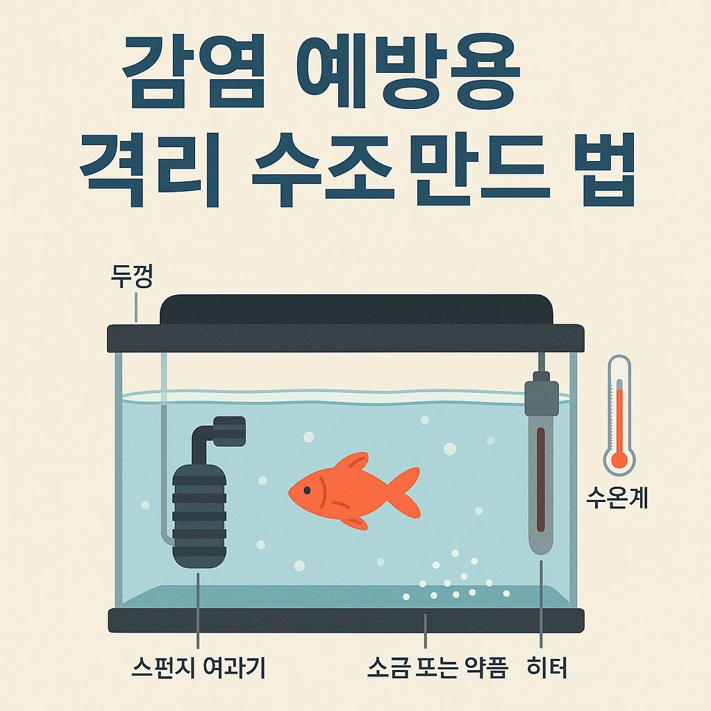 감염 예방을 위한 격리 수조 구성도. 수조 안에는 물고기, 스펀지 여과기, 히터, 수온계, 소금 또는 약품이 표시되어 있고, 수조 위에는 두껑이 있는 구조를 간단하고 직관적인 인포그래픽으로 설명하고 있음.