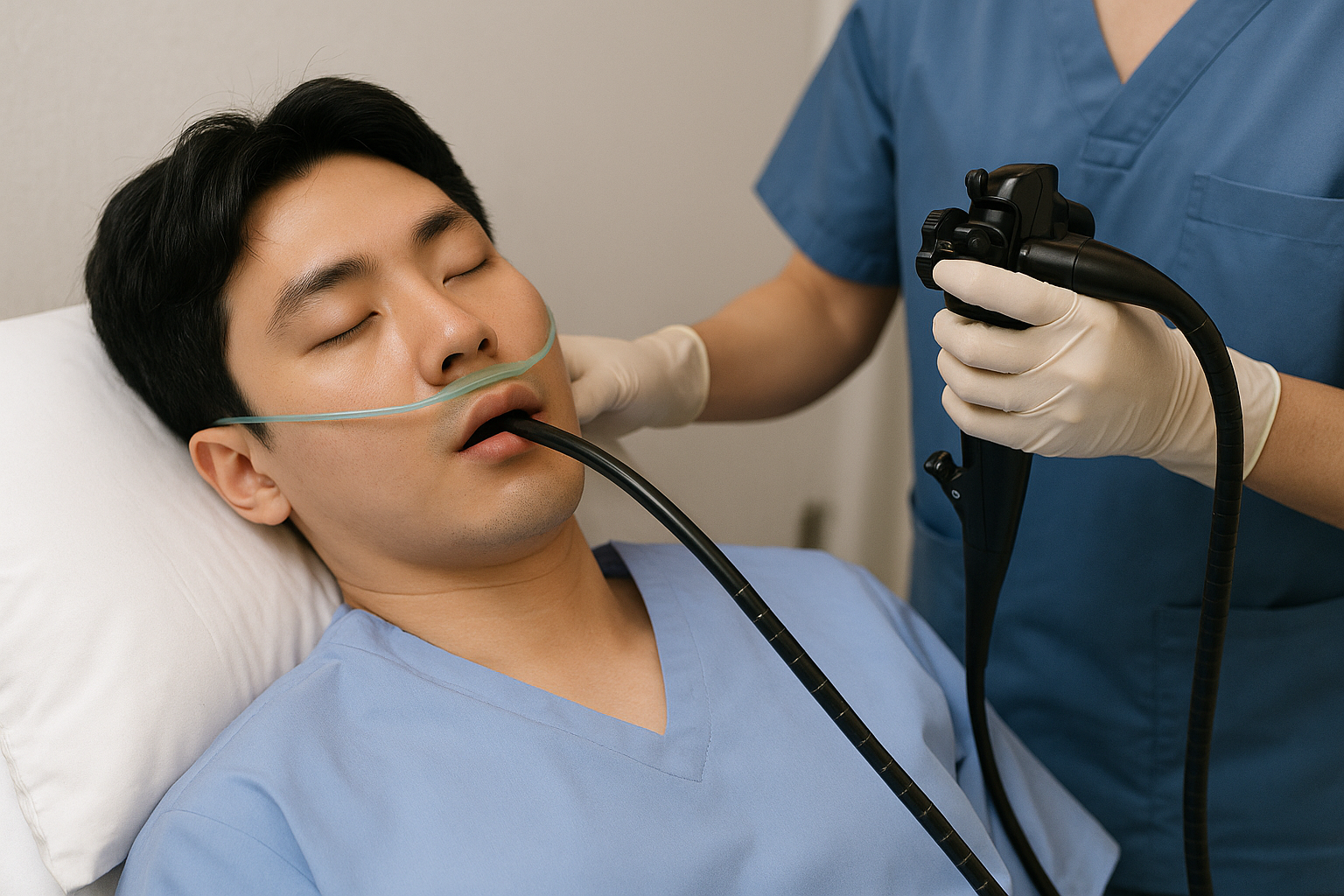 건강검진 위수면내시경을 받고 있는 청년