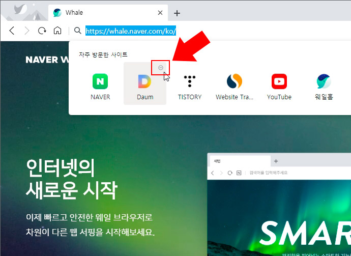 네이버 웨일 자주 방문한 사이트