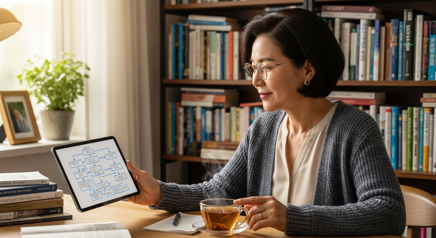 안경을 쓴 중년 한국인 여성이 집에서 태블릿으로 자신의 경력 계획을 신중하게 검토하는 모습.