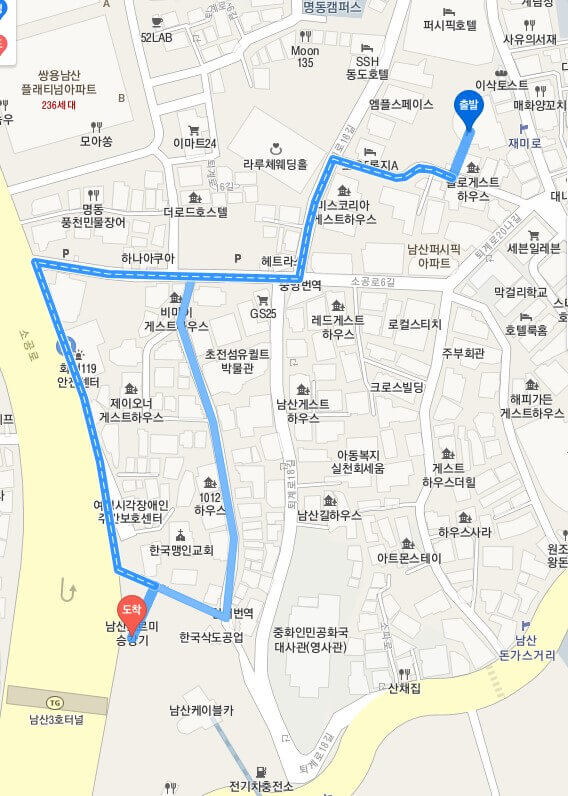 남산동공영주차장에서남산오르기까지도보지도