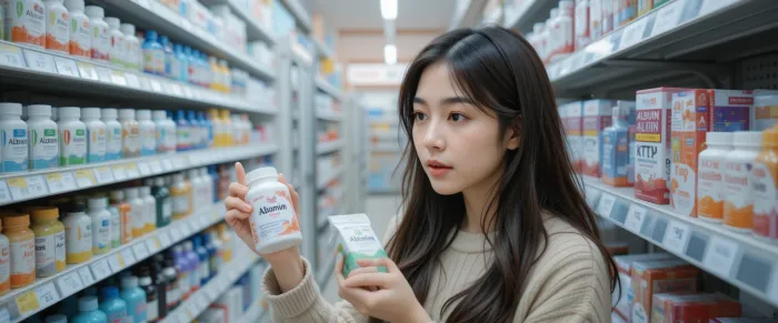 약국 진열대에서 두 가지 영양제를 비교 중인 여성