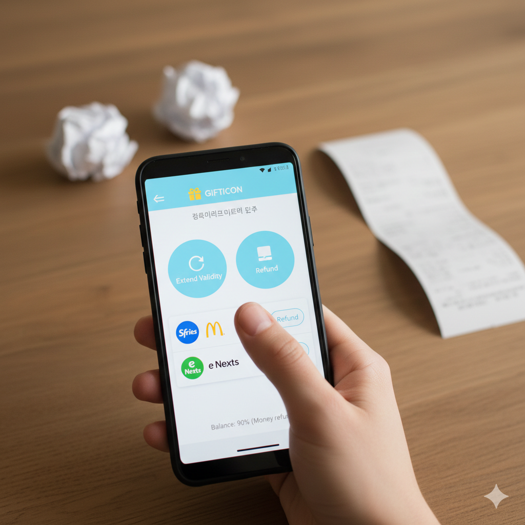 책상 위에 놓인 스마트폰 화면에 모바일 상품권 관리 앱이 실행되어 있으며 손가락이 환불 버튼을 누르려는 근접 촬영 사진이에요. 화면에는 유효기간 연장과 환불 옵션이 명확하게 표시되어 있고 배경에는 구겨진 종이와 영수증이 놓여 있어 일상적인 자산 관리의 모습을 보여주며요.