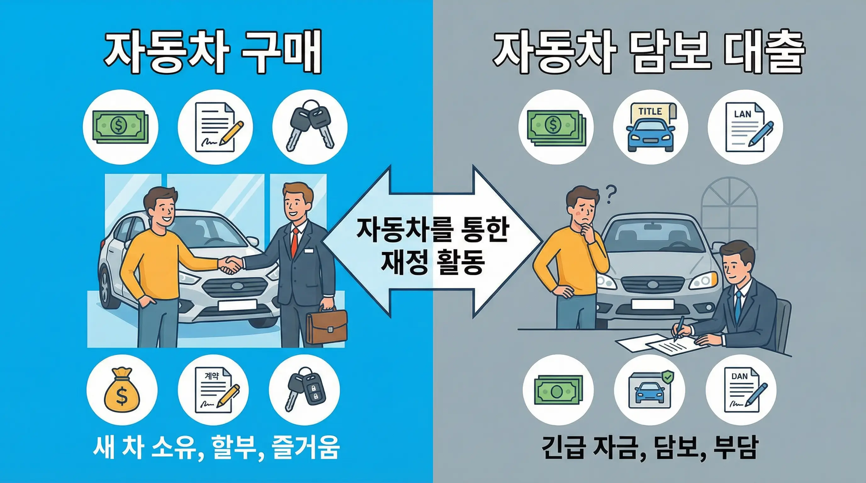자동차를 구매하려는 사람과 자동차를 담보로 돈을 빌리려는 사람의 두 가지 상황을 보여주는 인포그래픽