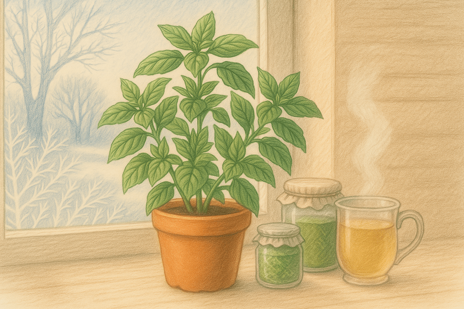 다 성장한 바질이 화분에 심겨져 있는 모습