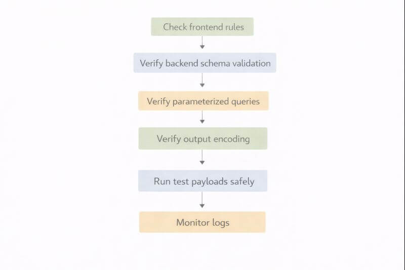 입력값 검증 경계 점검 절차를 프론트 확인부터 백엔드 검증, SQL 바인딩, 출력 인코딩 순서대로 보여주는 흐름도