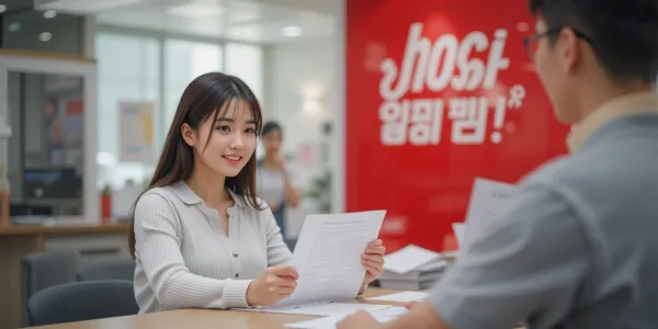 운전면허학원 접수 창구에서 등록하는 여성