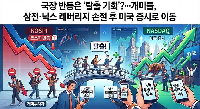 국장 탈출 후 미국 증시로 이동하는 투자자들 모습.