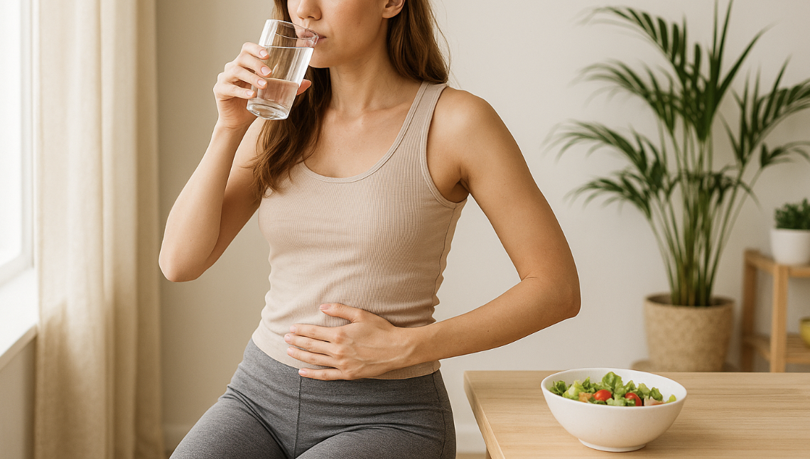 변비로 배를 만지고 있는 여성 사진