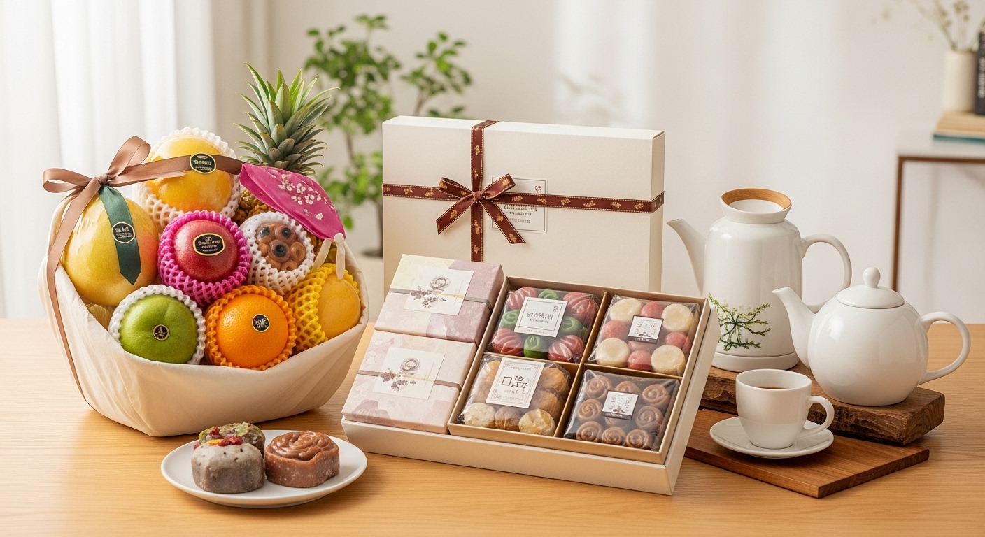 정갈하게 포장된 고급 과일 세트, 수제 한과, 웰니스 티 세트 등 부담 없이 정성을 전할 수 있는 부모님 인사 선물들.