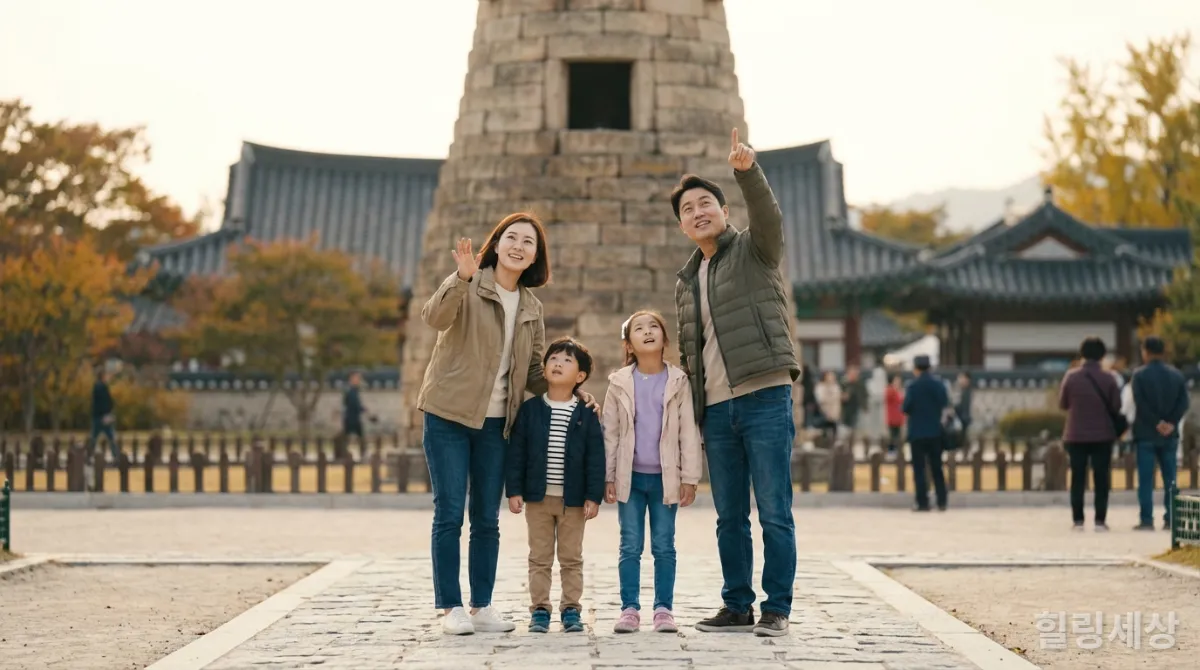 경주 유적지에서 역사 이야기를 듣는 가족