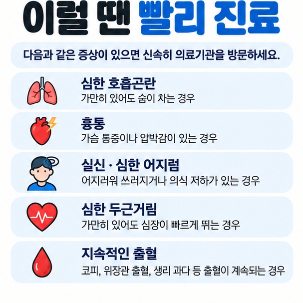 숨참 흉통 실신 심한 두근거림 지속 출혈 등 즉시 진료가 필요한 신호를 체크리스트로 보여주는 이미지