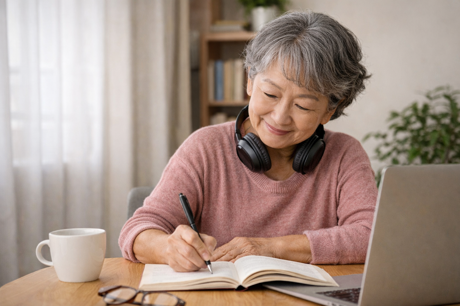 쉼프학당에서 영어를 공부하는 시니어 여성의 따뜻한 학습 장면