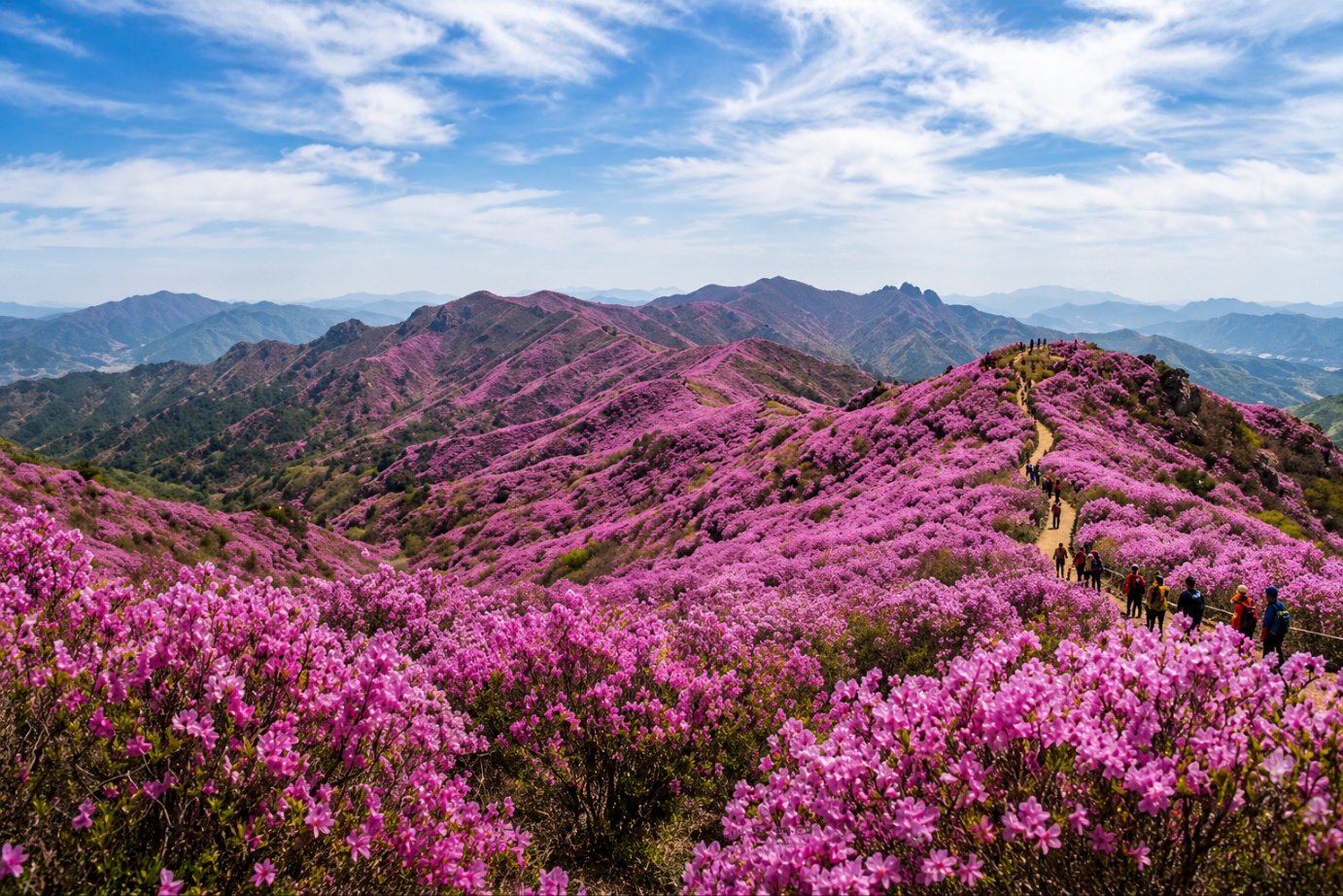 합천 산청 황매산 능선에 만개한 진부홍빛 철쭉 군락지 전경