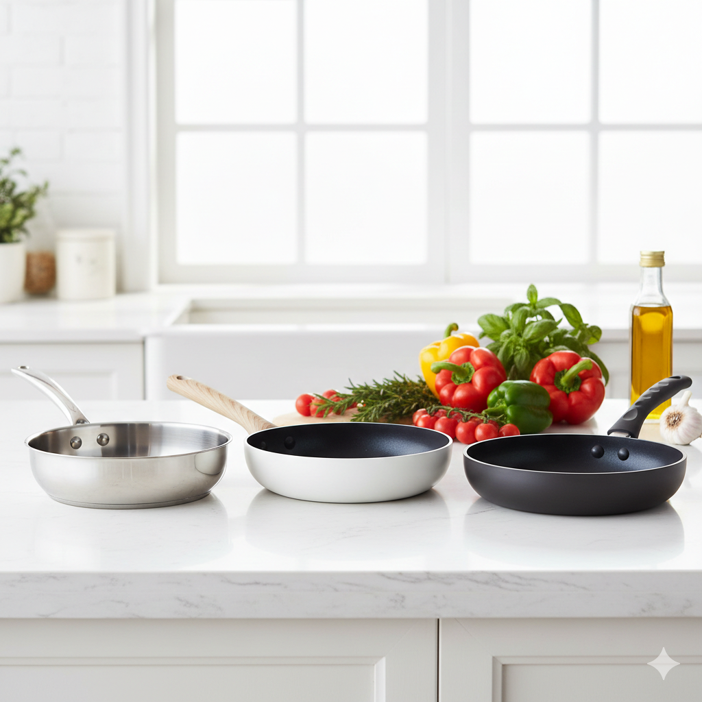 스테인리스 세라믹 불소수지 코팅 프라이팬 종류별 비교 사진과 주방 조리도구 배치 이미지
