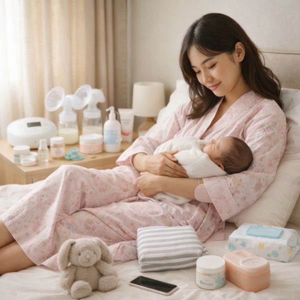 산후 회복 중인 산모가 침대에서 신생아를 안고 수유하는 모습, 출산 후 산후관리와 육아 일상 이미지