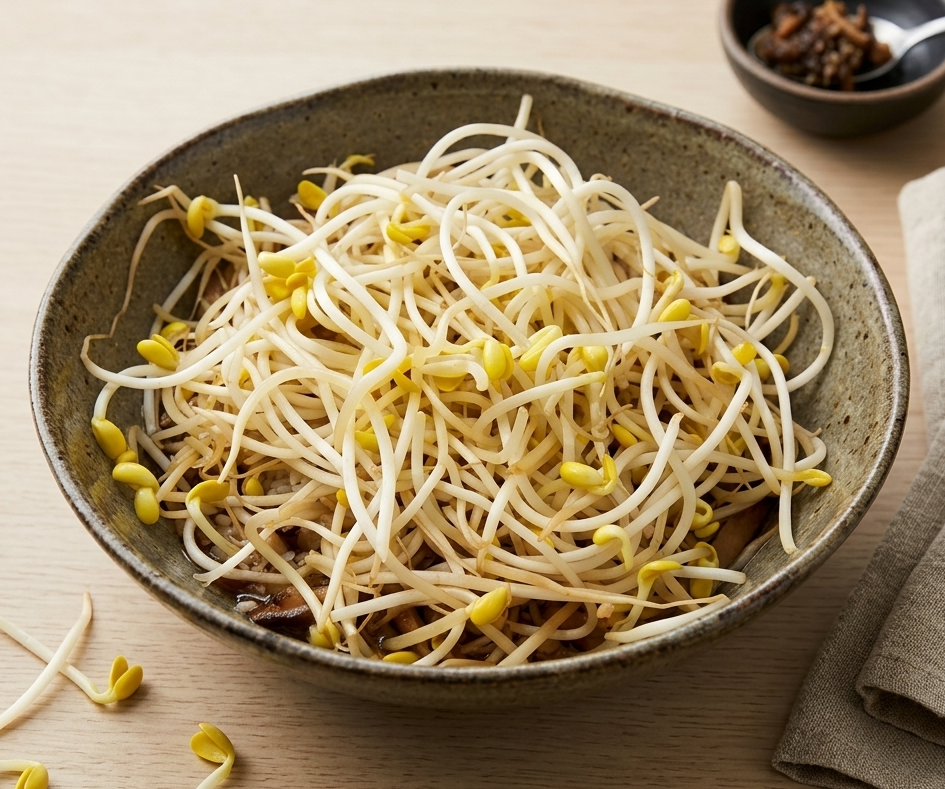 차분한 베이지색 무광 세라믹 볼에 가득 담긴 신선한 콩나물. 콩나물 아래로 채 썬 표고버섯과 불린 쌀이 보이며, 옆에는 린넨 천과 작은 양념 종지가 놓인 정갈한 주방 조리대 위 요리 준비 사진.