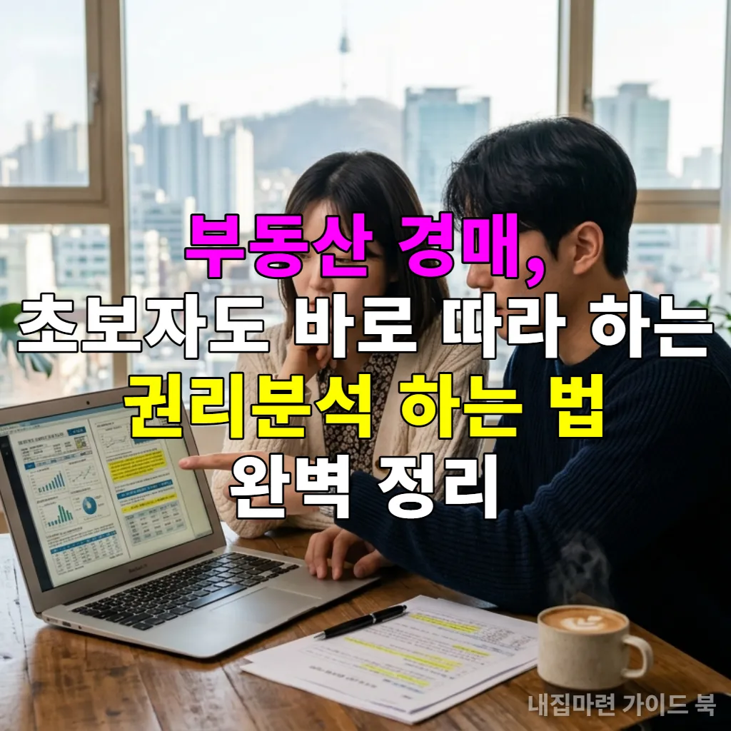 젊은 한국인 부부가 노트북으로 부동산 경매 서류를 함께 분석하는 모습