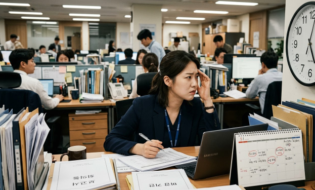 달력에 표시된 빡빡한 일정, 시계를 보며 초조해하는 직장인의 모습