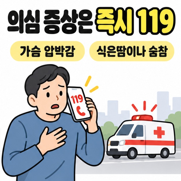 가슴에 손을 댄 사람이 119가 표시된 휴대전화로 연락하고 옆에 구급차가 있는 응급 대처 이미지