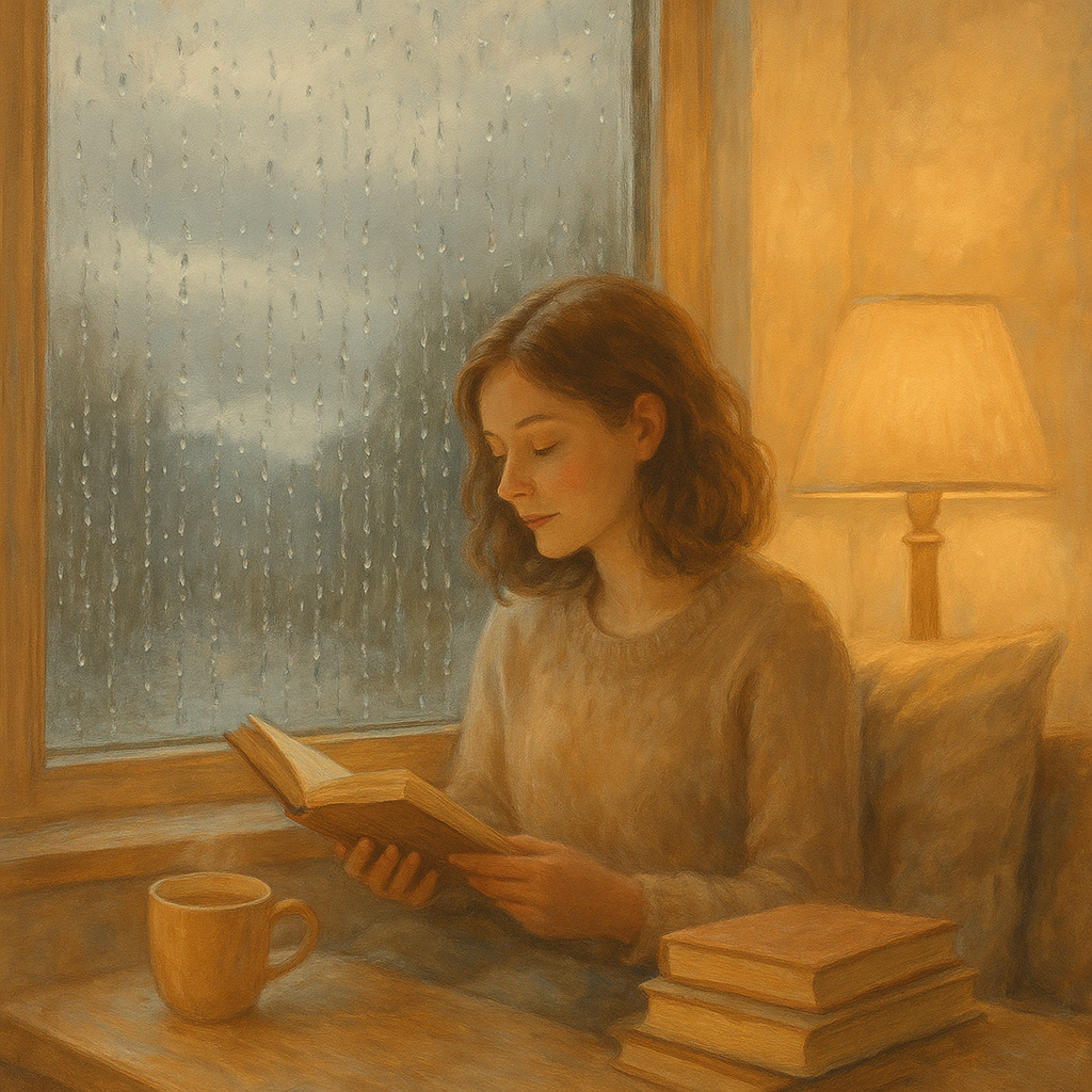 아늑한 실내 창가에서 빗소리를 들으며 책을 읽는 모습