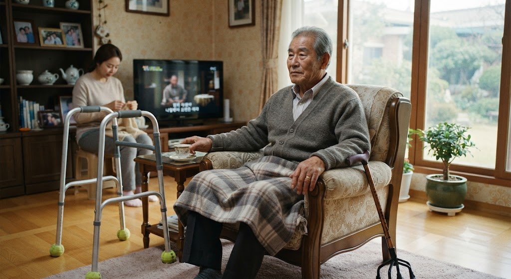 거동이 불편한 노인이 소파에 앉아있는 모습
