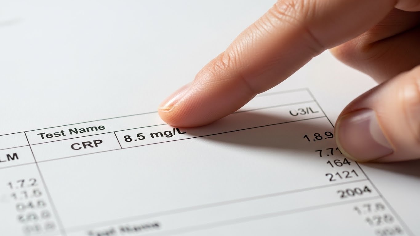 혈액 검사 결과지에서 CRP 수치 항목을 가리키는 모습