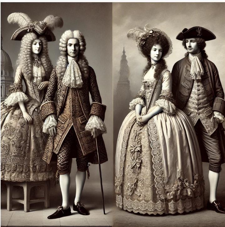 왼쪽은 프랑스 루이 14세때의 화려한 패션 스타일이고 오른쪽은 이에 비해 간소하고 실용적인 영국의 패션 스타일입니다.