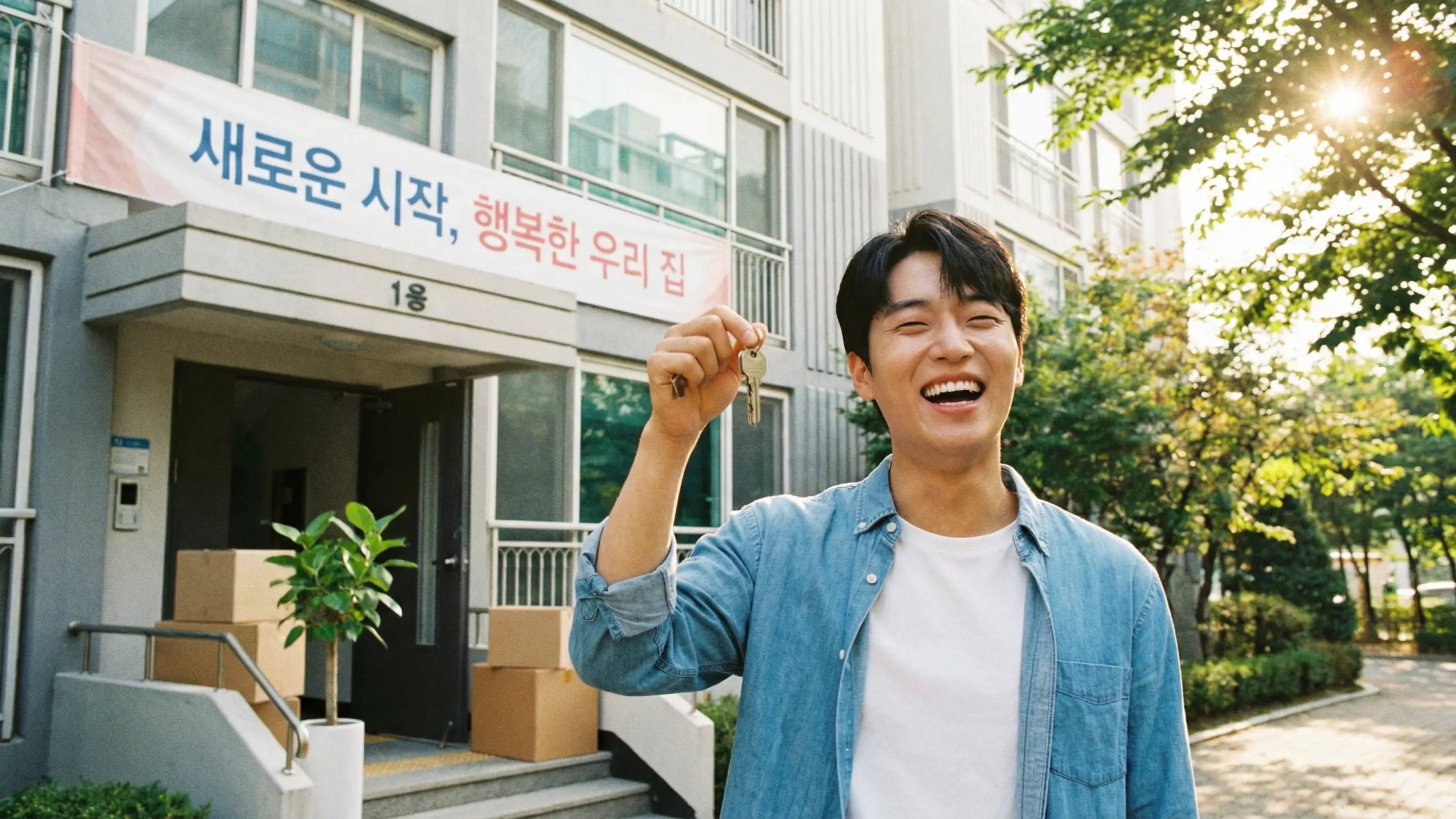 새로운 보금자리인 집 앞에서 열쇠를 들고 밝게 웃는 한국인 청년, 안정적인 자립과 미래를 상징