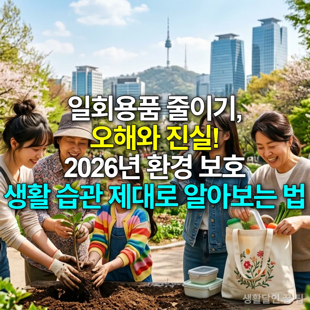 다양한 연령대의 한국인들이 서울의 도시 공원에서 텀블러 사용, 에코백 들기, 나무 심기 등 친환경 활동에 참여하며 밝게 웃고 있는 모습