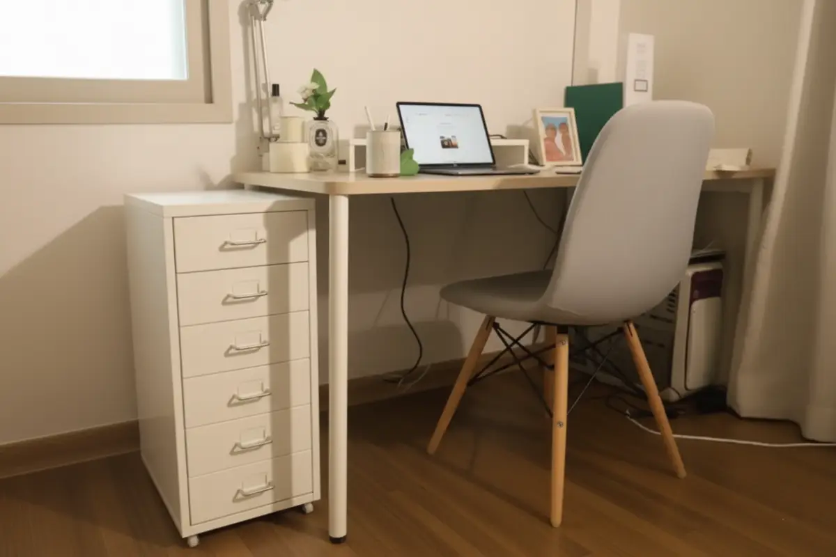 이케아 헬메르 서랍장 설치 후 깔끔하게 정리된 20대 자취방 전경