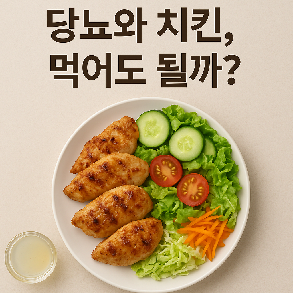 밝은 주방 테이블 위에 흰색 접시에 구운 치킨 조각 네 개와 신선한 샐러드(오이, 방울토마토, 양상추, 채 썬 당근)가 담겨 있다. 접시 옆에는 드레싱이 담긴 작은 유리컵이 있고, 상단에는 &ldquo;당뇨와 치킨, 먹어도 될까?&rdquo;라는 문구가 적혀 있다. 전체적으로 따뜻하고 깨끗한 분위기의 실사 이미지.