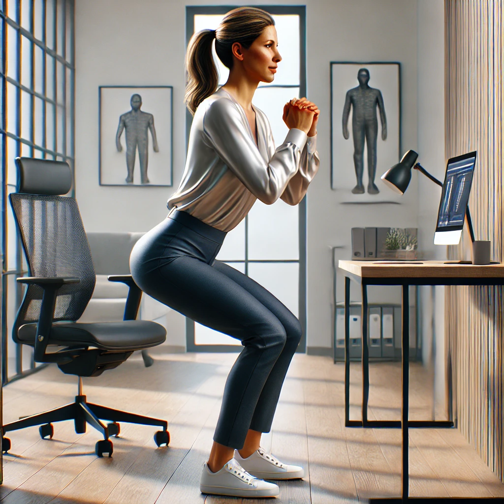 사무실에서 스쿼트 하는 여자