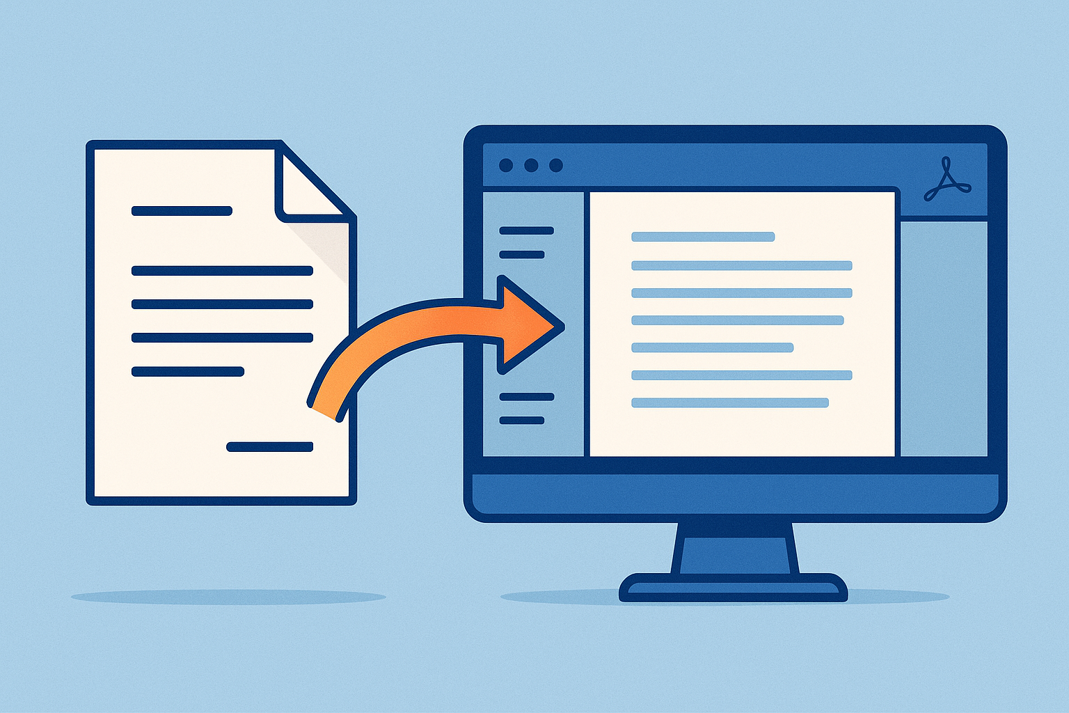 Adobe Acrobat OCR을 사용하여 종이 문서를 검색 가능한 디지털 텍스트로 변환하는 과정을 보여주는 일러스트레이션