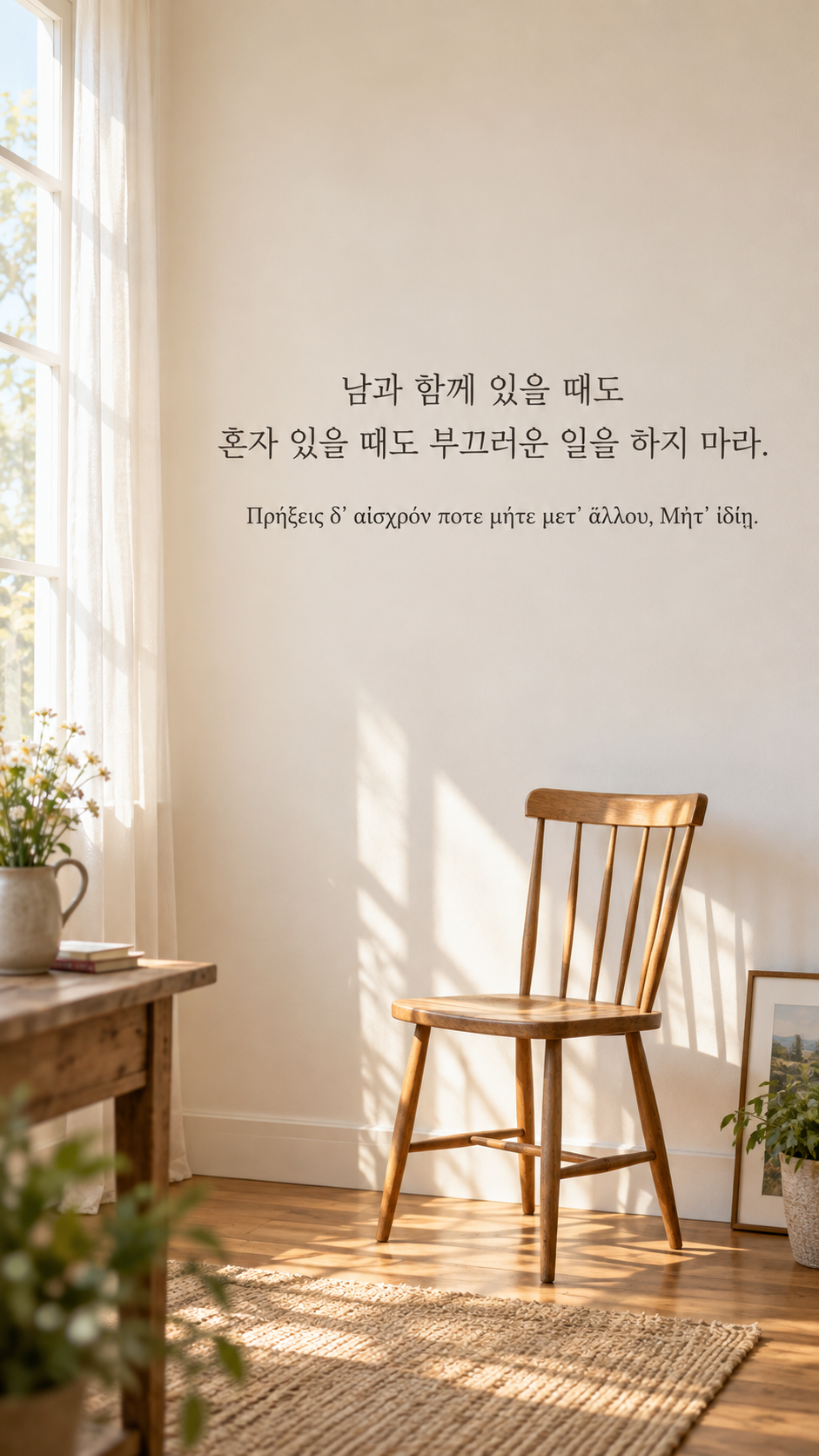 피타고라스 전통 황금시 6 남과 함께 있을 때도 혼자 있을 때도 부끄러운 일을 하지 마라. 햇살이 비치는 빈 의자와 정돈된 방 배경의 한글&middot;그리스어 세로 이미지