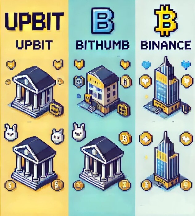 업비트, 빗썸, 바이낸스를 픽셀아트로 귀엽게 그린 그림