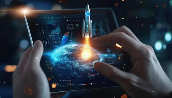 태블릿 화면에서 솟아오르는 디지털 로켓 이미지