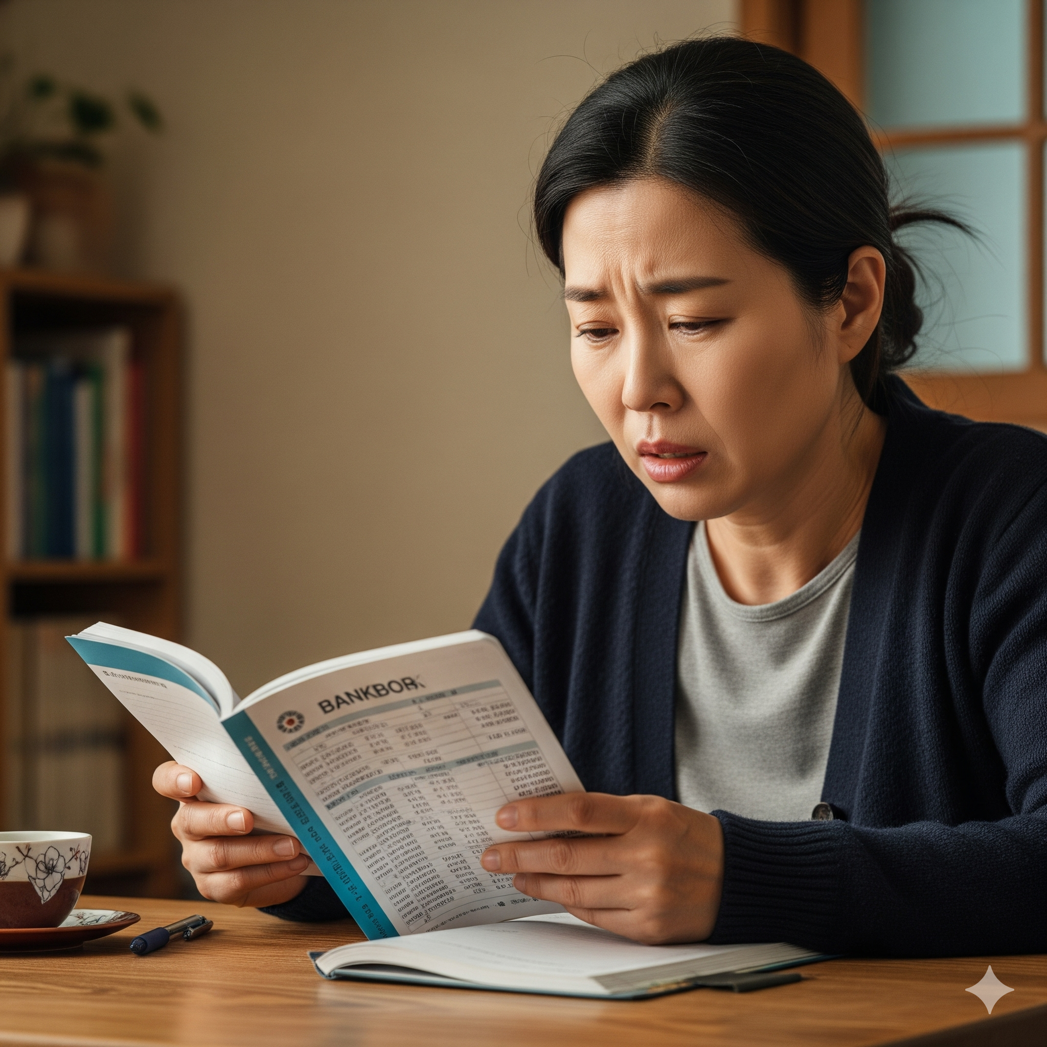 통장을 스치는 월급을 보면서 한숨쉬는 중년여성