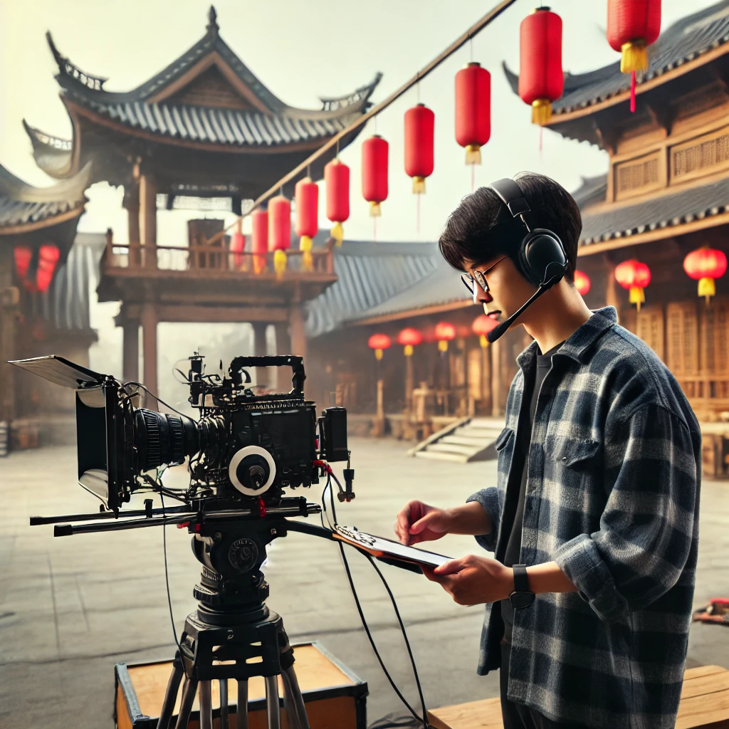 아시아 계열 남성이 아시아 영화 세트장에서 일을 하고 있는 사진