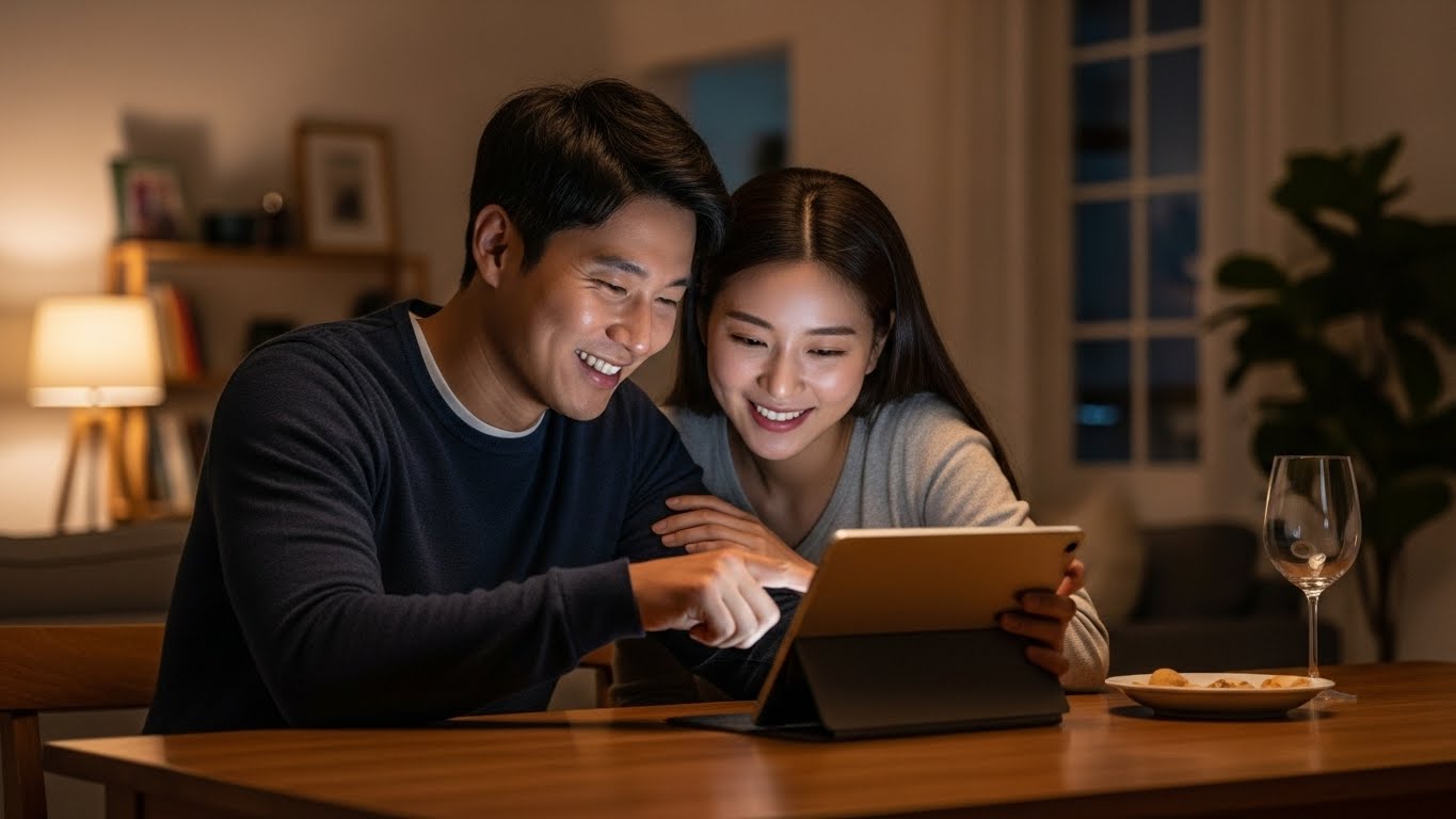 파킹통장을 활용해 함께 비상금을 모으는 즐거움을 나누는 부부의 모습