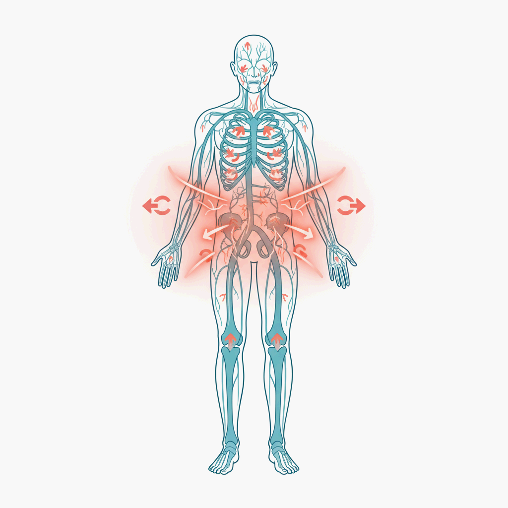 갑자기 온몸이 따뜻해지는 순간의 생리적 조절을 표현한 인체 내부 일러스트레이션